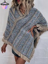 Écharpes en femmes Cape pull Vintage couleur ample contraste rayure surdimensionné gland tricoté Poncho vacances manteau châle pull hauts 231007