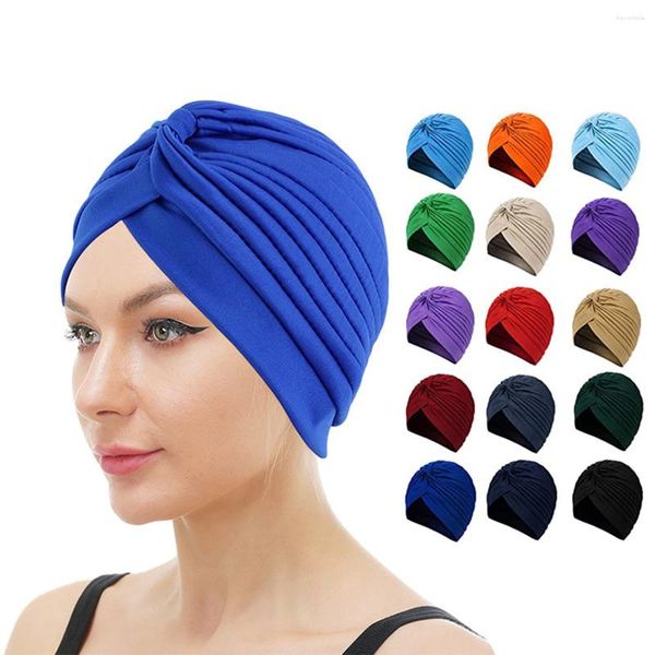 Bufandas India Plain Jersey Turbante Sombreros Plisado Sólido Beanie Bonnet Canner Islámico Headwear Chemo Caps Musulmanes Pérdida de cabello Cubre Underscarf