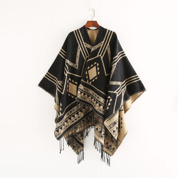 Foulards indien style népalais géométrique gland fendu femmes châle chaud climatisation salle dame manteau poncho capes noir kaki 230922