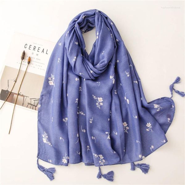 Foulards japonais et coréen mode coton lin écharpe femmes printemps automne vêtements d'extérieur petites fleurs bleues longue chaude Talma mince