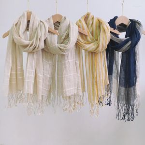 Sjaals Johnature Japanese vintage linnen sjaal 2023 vier seizoenen allemaal match kwastjes dunne lichte zonbescherming vrouwen sjaal