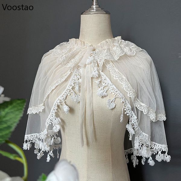 Echarpes Kawaii Lolita Dentelle Courte Cape Manteau Doux Volants Mesh Ouvert Avant Poncho Femmes Élégant Châle Cardigan Top Mignon Princesse Vêtements D'extérieur 230922