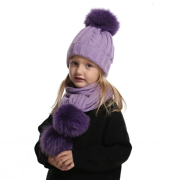 Foulards enfants véritable fourrure pompon chapeau et écharpe ensemble mignon bébé garçon fille chapeau d'hiver polaire à l'intérieur 3 pièces pompon bonnets 231012