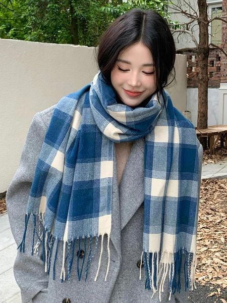 Foulards tricotés Vintage Foulard Foulard Hiver Femmes Dames Hommes Preppy Bleu Plaid Chaud Écharpe Pashmina Mujer Mâle Foulard Wrap Châle