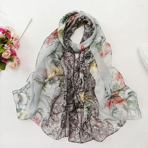 Bufandas de gasa coreana Floral Bandana protector solar cuello fino bufanda chal largo envoltura grande sensación de seda Hijab decorativo