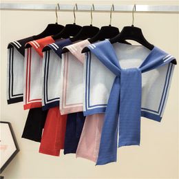 Foulards Korean College Navy Stripe Laine Tricot Épaule Cape Noué Chaud Châle D'été Air Conditionné Chambre Protéger Cou Femme Écharpe T56