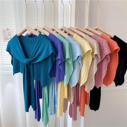 Foulards coréen tricoté noué air conditionné petit châle printemps fil de laine petite cape rayure couleur unie doux femmes écharpe B42