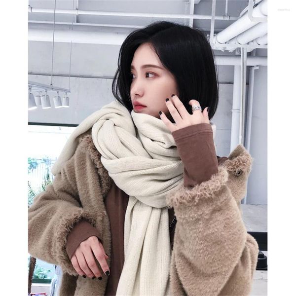 Écharpes coréennes couleur unie écharpe tricotée femme hiver épaissie châle de laine 200cm vintage femmes de luxe bandana cadeau de Noël