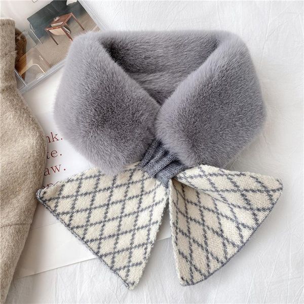 Foulards coréen hiver croix grille épais tricot chaud écharpe Snood femmes coupe-vent faux col fausse fourrure cou garde en peluche écharpe Q88