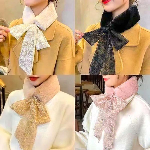 Bufandas coreanas de invierno bufanda de piel esponjosa cálida cuello femenino collar falso color sólido encaje todo fósforo espesar mujeres cruz