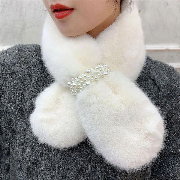 Foulards coréens femmes perle fausse fourrure col croix écharpe en peluche pour femme hiver extérieur épaissir protection du cou chaud châle cadeaux