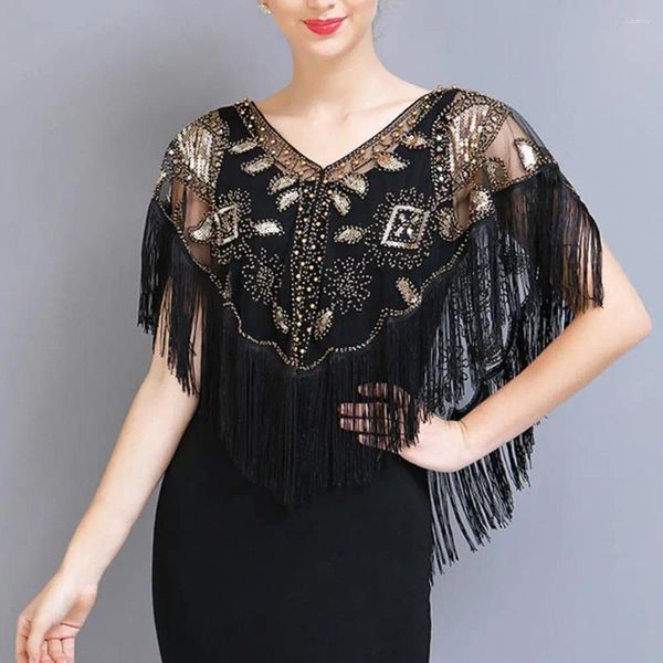 Bufandas de encaje con cuentas chal 1920s Lentejuelas de mujer Borla de lentejuelas Perla de imitación Sheer Mesh Wrap Cape V Cuello Transparente Cubrir