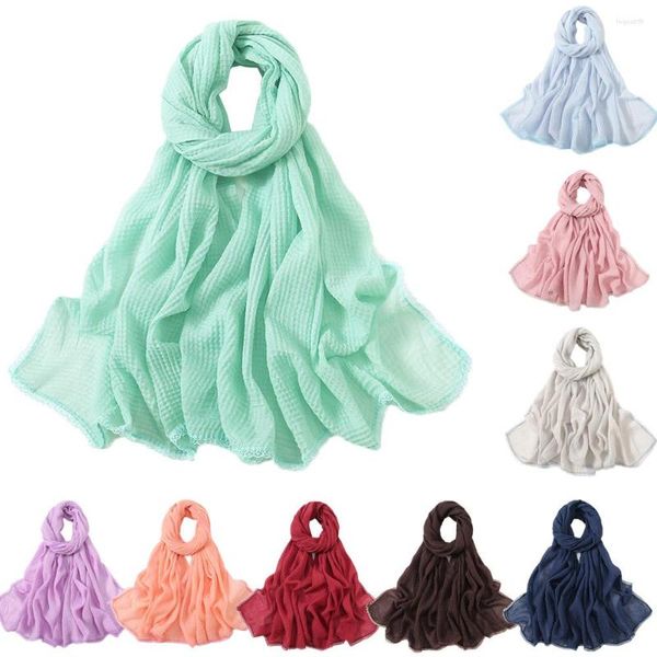 Foulards Dentelle Bords Femmes Froissé Longue Écharpe Solide Couleur Headwrap Hijab Châles Foulard Femme Bandeau Voile Musulman Turban Cheveux Accessoires