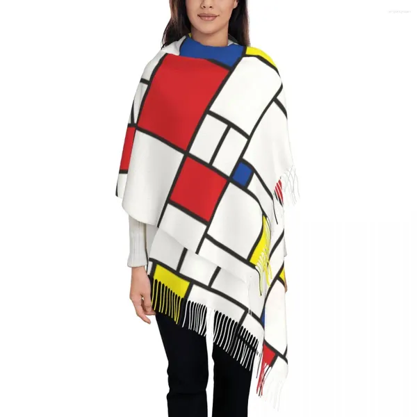 Bufandas Damas Largo Mondrian Minimalista Arte Moderno Mujeres Invierno Otoño Grueso Cálido Borla Mantón Abrigo Color Bufanda A Cuadros