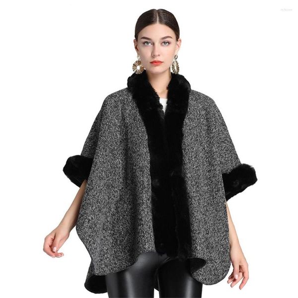 Bufandas señora elegante forro polar abrigo de lana mujer Rex Faux Fur Collar chal lujo cálido abrigo Otoño Invierno capa abrigo