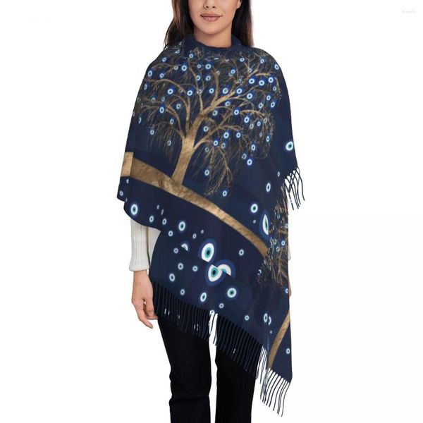 Foulards dame longue charme arbre or sur bleu foncé femmes hiver automne épais chaud gland châle enveloppes amulette Nazar mauvais œil écharpe