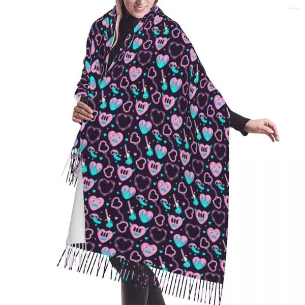 Foulards Lady Long Y2k Motif néon Coeurs et éléments Femmes Hiver Doux Chaud Gland Châle Wrap Mode Polyvalent Femme Écharpe