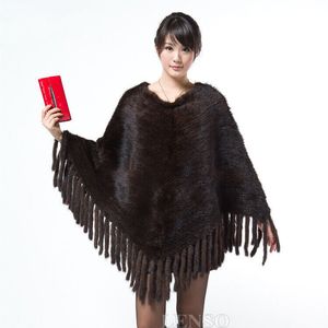 Bufandas Lady Real Mink Fur Jersey Cape Coat Winter Warm Party Ponchos con borla