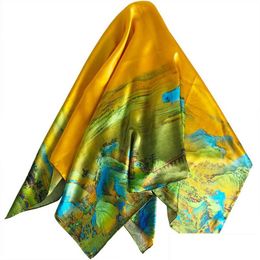 Foulards Grand foulard en soie carré Foard Kerchief pour femmes Femme Satin Foulards de cheveux Unique Hijab imprimé Hill Trees 858 B3 Drop Deliver Dhz4X