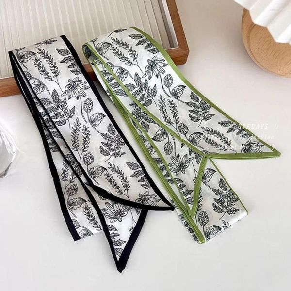 Foulards Feuille Doux Cou Écharpe Printemps Bandeaux Style Coréen Fleur Imprimé Femmes Ruban De Cheveux Satin Soie Bandes