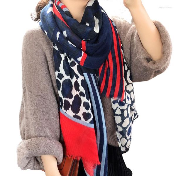 Bufandas Leopardo Para Mujer Rojo Azul Marino Patchwork Algodón Viscosa Chal Foulard Sjaal Wrap Hijab Bufanda