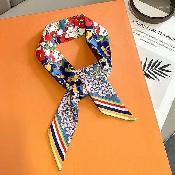 Foulards Belle impression florale maigre ruban de soie écharpes pour femmes doux satin foulard femme bandeau foulard cou mains sac cravates cadeau