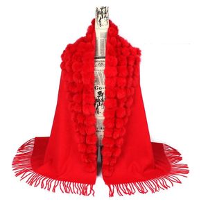 Sjaals Luxe Merk Sjaal Dames Winter Dik Warm Echt Konijnenbont Pompom Bal Big Size Sjaals En Cape Vrouwelijke Wol Kasjmier Pashmina 231127