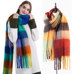 Sjaals Luxe Merk Vrouwen Plaid Sjaal Winter Warm Pashmina Sjaals Kasjmier Dikke Wrap Dame Kwastje Regenboog Harige Bufanda 230729