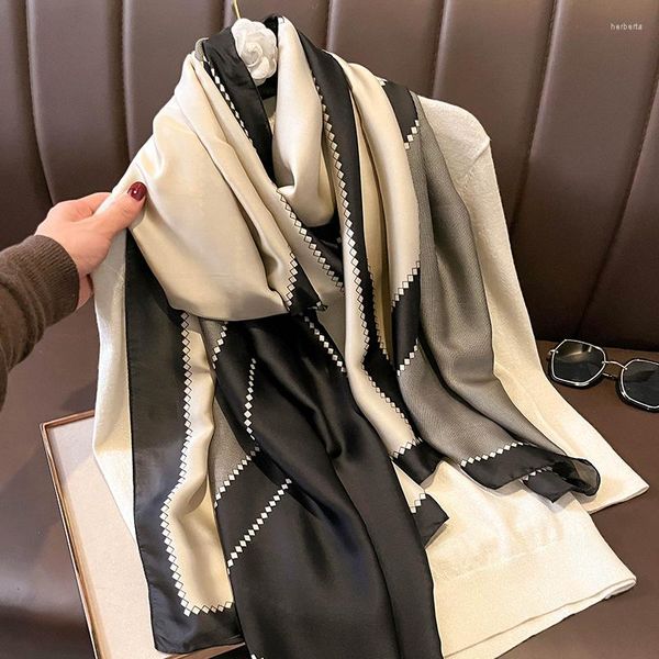 Foulards luxe Design imprimé soie ruban écharpe femmes Patchwork doux Satin bandeaux Hijab femme plage châle enveloppement cou Foulard