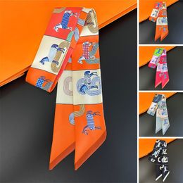 Foulards Design de luxe ruban de soie maigre écharpes pour femmes imprimé cheval doux Satin Foulard femme bandeau Foulard cou foulards sac 230907