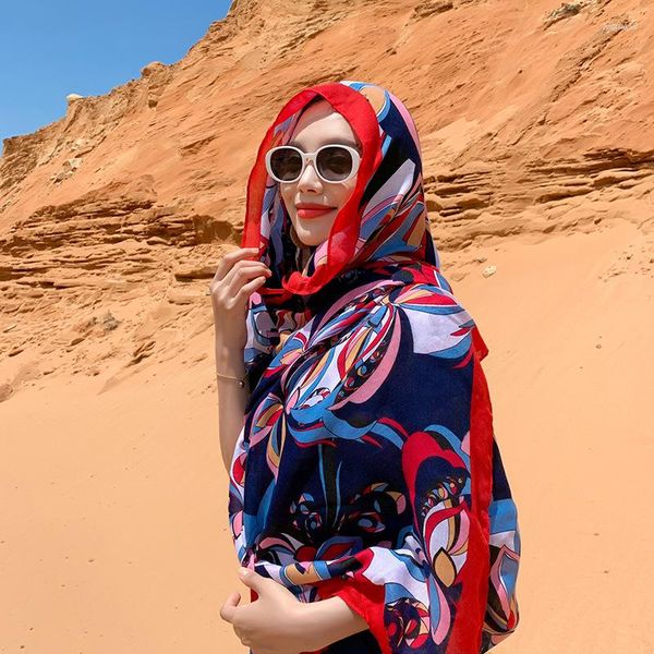 Bufandas Moda de lujo Mujer Mantón de protección solar Pareo Hijabs para mujer Toalla de playa Bufanda de viento nacional Burkini musulmán