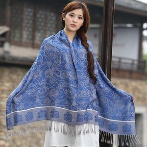 Sjaals luxe bloem jacquard vrouwen sjaal silkachtige pashmina etnische stijl franje zachte lange sjaals en wraps voor lady bufandas