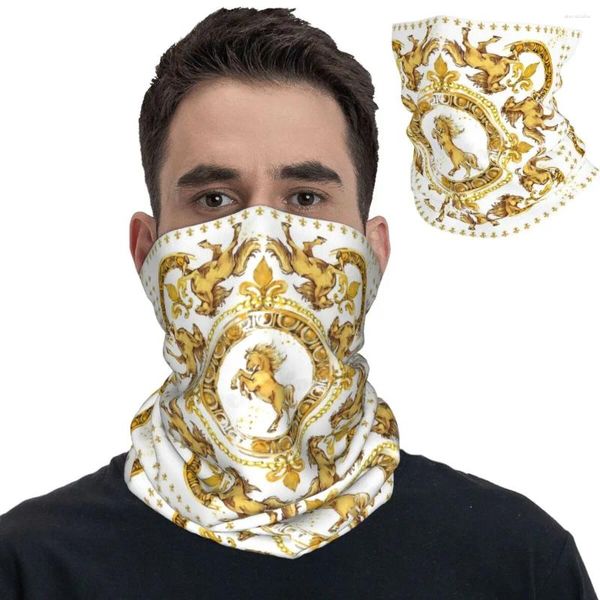 Bufandas caballos dorados de lujo en el cuello floral europeo polagua impresa balaclavas mascarilla bufanda caliente senderismo para hombres mujeres adultos