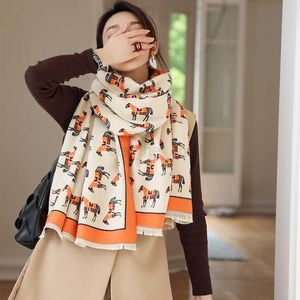 Sjaals Luxe Paard Print Imiteren Kasjmier Lange Sjaal Vrouwen Mode Sjaal Stola Winter Warme Deken Hoofddoek Bufanda Pashmina Y23