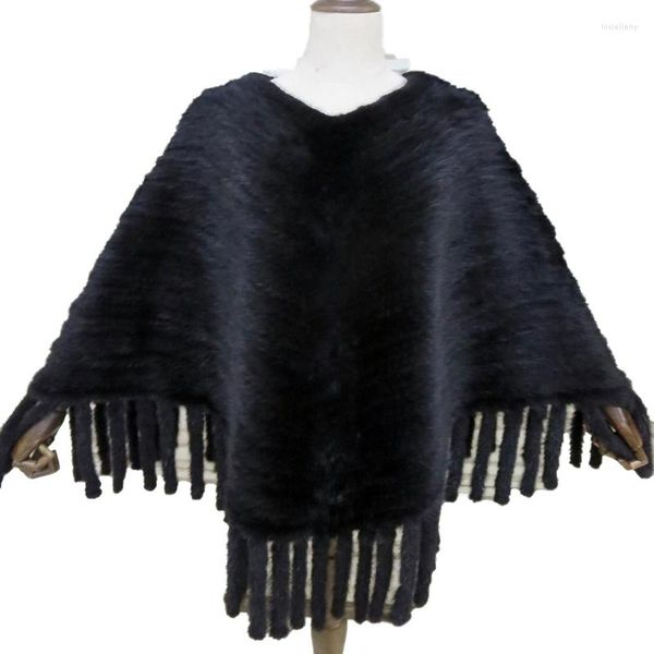 Foulards de luxe tricoté fourrure enveloppes femmes véritable vison poncho femme col en v glands cape manteau noir