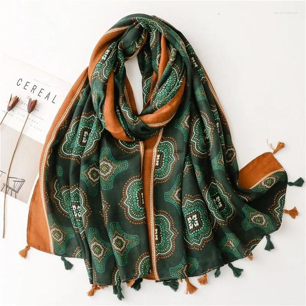 Foulards Femme de luxe Foulard vert Assorti Gland Viscose Châle Lady Haute Qualité Wrap Mince Pashmina Étole Musulman Hijab 180 90cm