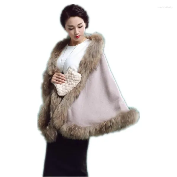 Bufandas de lujo de las mujeres genuinas de la piel del mapache de la capa de la boda de la boda chal otoño invierno abrigos mullidos poncho de lana