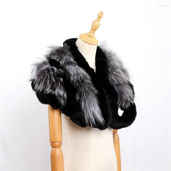 Écharpes de luxe femmes hiver chaud véritable rex argent fourrure épaule cape enveloppes dame mode écharpe châle épais doux