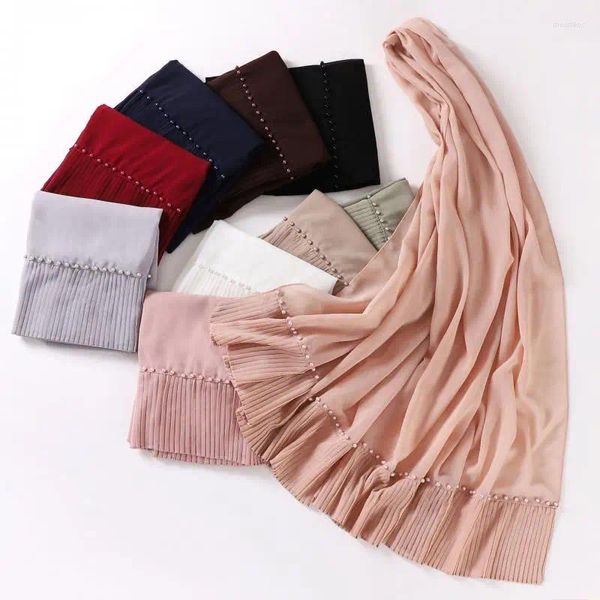 Foulards de mode malaisienne Foulard en mousseline de soie longue écharpe plissée châles de perles Eid femmes musulmanes Hijab Wraps bandeau Turban