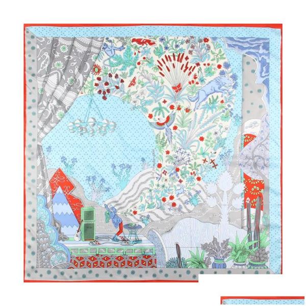 Foulards manuels roulés à la main Twill Soie Foulard Femmes Paysage à l'extérieur de la fenêtre Impression Square Echarpes Foards Femme Wrap Bandana Hijab DHP4F