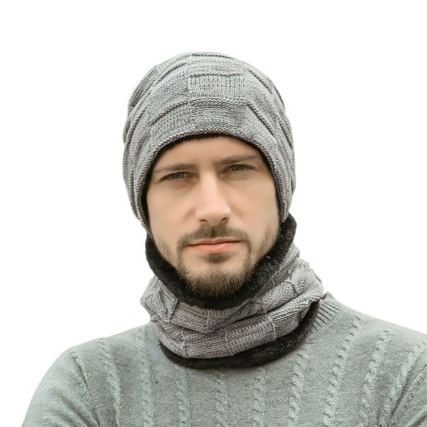 Foulards Hommes Hiver Garder Au Chaud Bonnet Écharpe Ensemble Mâle Doublure Polaire Laine Fil Chapeau Tricot Cou Gaiter Solide Couleur Plaid Conception En Gros 230923