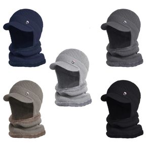 Écharpes Hommes Hiver Bonnet Chapeau Cercle Écharpe Ensemble Chaud Tricot Épais Polaire Doublé Slouchy Oreillette Crâne Cap avec Visière Cache-Cou 231027