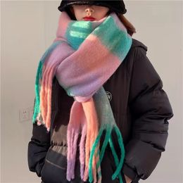 Scarves Mohair Color Matching Cashmere Tassel Shawl Lovers Neckband Rainbow Plaid Scarf Winter Warm Thickened Vintage Accessories 230810