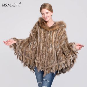 Bufandas MS Minshu Wrap de piel de conejo de punto con mapache Rur Recortando Real Poncho Mujeres Mantón Borlas y bolsillo 230824