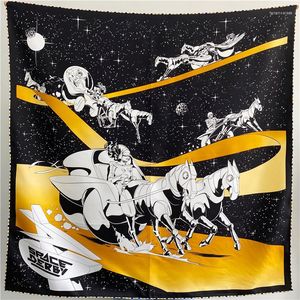 Sjaals Moerbei Zijden Sjaal 90 90cm Vierkante Twill Luxe Hoofd Sjaals Voor Vrouwen Ruimte Paard Handgerolde randen Bandana