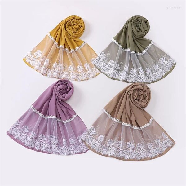 Bufandas Musulmanes Burbuja Gasa Hijab Chales Puntada De Encaje Patchwork Floral Y Abrigos Playa Verano Islámico Ramadán Snood 175 70Cm