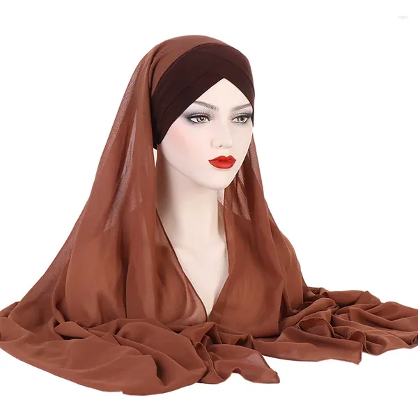 Foulards musulmans en mousseline de soie Hijabs casquettes châles écharpe femmes couleur unie croix Bonnet voile tête enveloppement femme respirant foulard