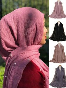 Foulards musulman froissé Hijab écharpe doux coton foulard islamique enveloppes femmes couleur unie haute qualité perle accessoires châles