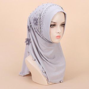 Sjaals Moslim Tuban Vrouwen Grijze Hijab Arabische Hoofddoek Islamitische Kralen 3D Bloem Khimar Dragen Direct Intant