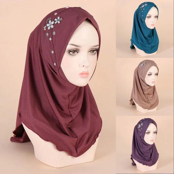 Foulards Femmes Musulmanes Porter Directement Instantané Hijab Mode Foulard Arabe Turban Besds Strass Fleur Solide Khimar